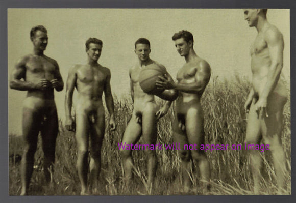 POSTCARD / Five nude men in field with ball