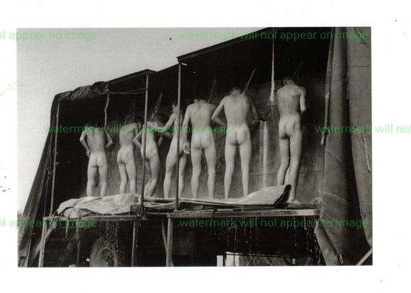 POSTCARD / Nude soldiers group outdoors showers, 1940s