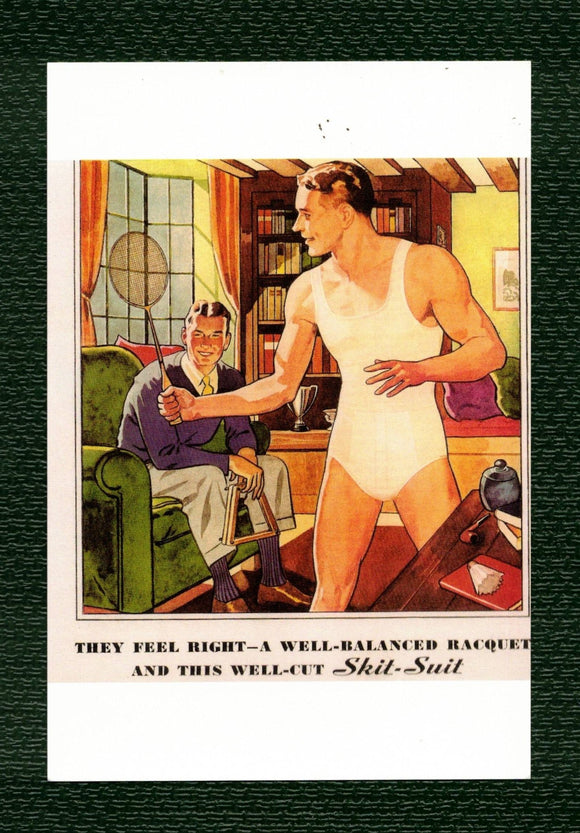 POSTCARD / Badminton man in Munsinger underwear, 1930s
