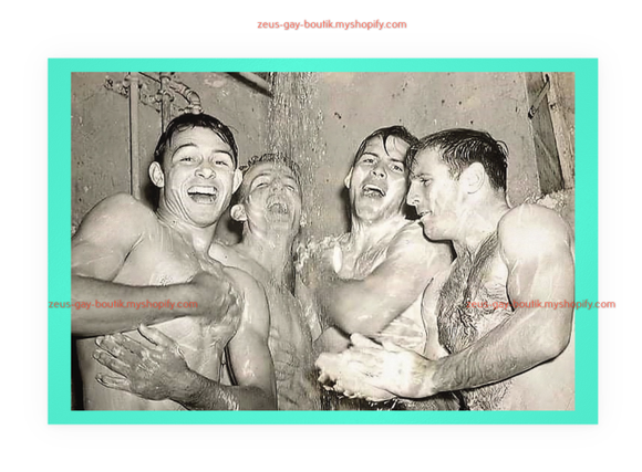 POSTCARD / Four men laughing in showers