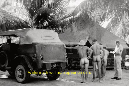 POSTCARD / Soldiers nude with jeep, 1940s