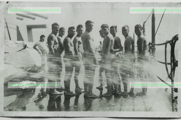 POSTCARD / Sailors nude shower on deck, 1940s