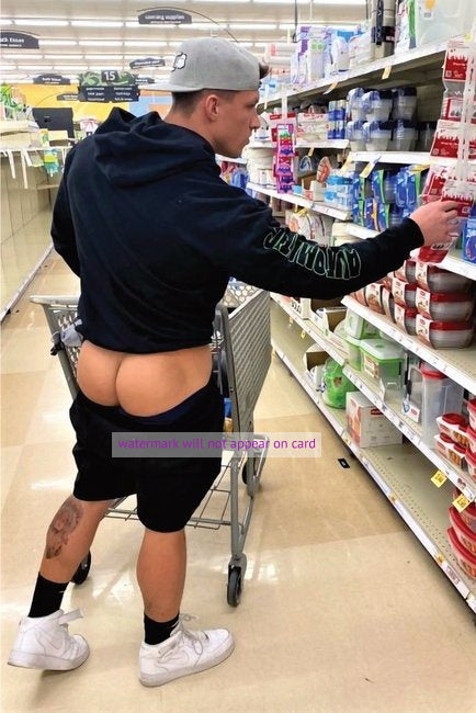 POSTCARD / Bubble butt man shopping with cart