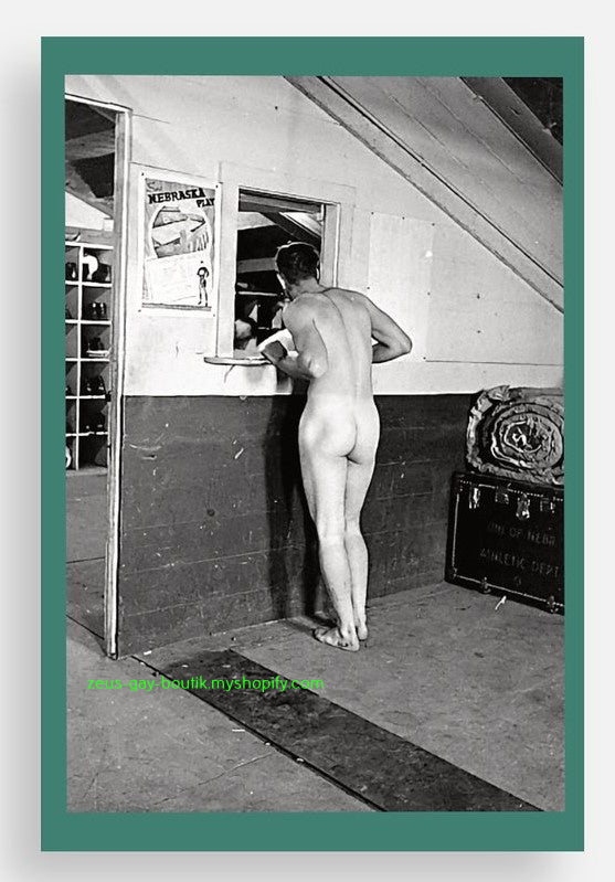 POSTCARD / Alfred Eisenstaedt / Nude man in locker room, Nebraska, 1950s