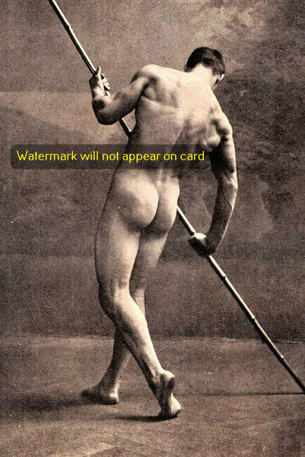 POSTCARD / SCHADEWALD / Nude muscular model with pole, 1895