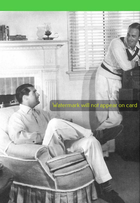 POSTCARD / Randolph Scott + Cary Grant in living room, 1937 / Jerome Zerbe