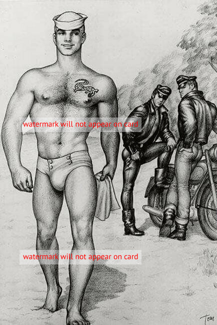POSTCARD / Tom of Finland / Sailor on beach with two bikers
