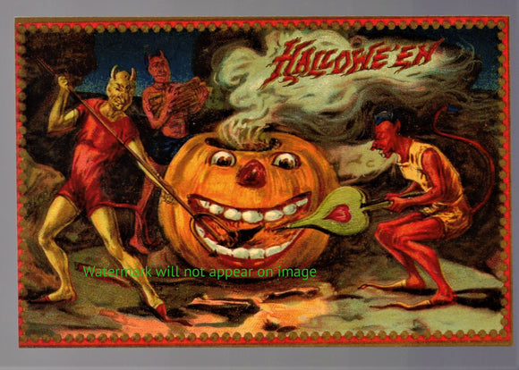 POSTCARD / Halloween / Three devils + pumpkin, 1919