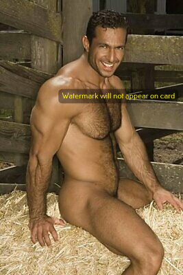 POSTCARD / Adam Champ sitting nude on hay