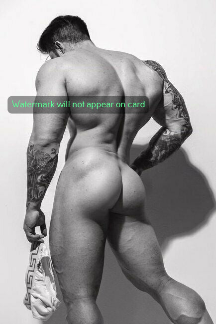 POSTCARD / Nude muscular man holding underwear