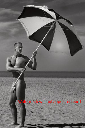 POSTCARD / Nude man with beach umbrella