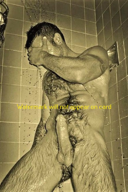 POSTCARD / Man nude hiding face under shower