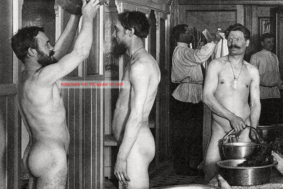 POSTCARD / 19th century Three Russian men in bathhouse