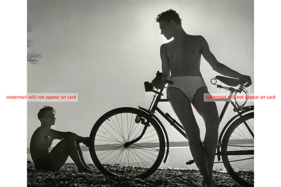 POSTCARD / LIST, Herb / Two men on beach with bike
