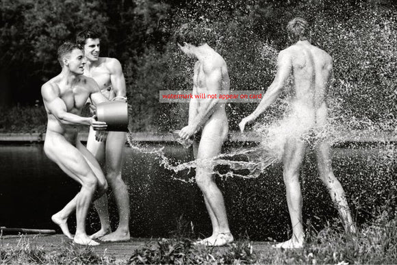 POSTCARD / Four nude men splash at the lake