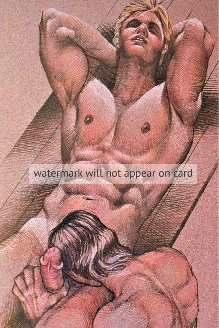 POSTCARD / Two nude men action on picnic table