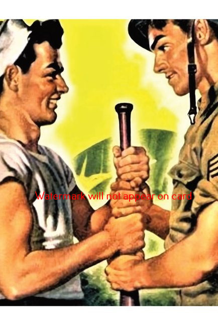 POSTCARD / Sailor + Soldier holding baseball bat