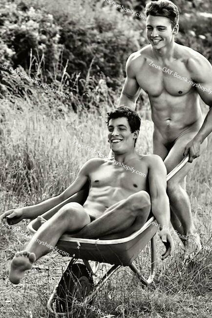 POSTCARD / Nude men wheelbarrow fun