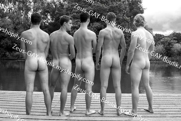 POSTCARD / Five nude men on pier