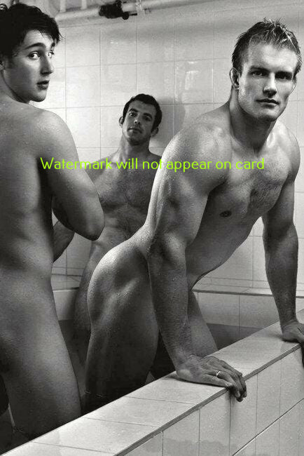 POSTCARD / Three nude rugby players in tub