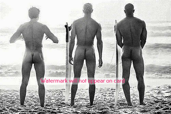 GREETING CARD / Three nude surfers on the beach