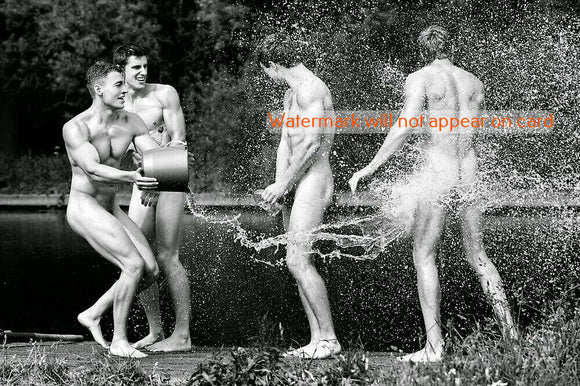 GREETING CARD / Four nude men water splash