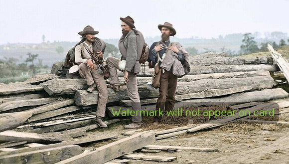 GREETING CARD / Three American Civil War soldiers on logs