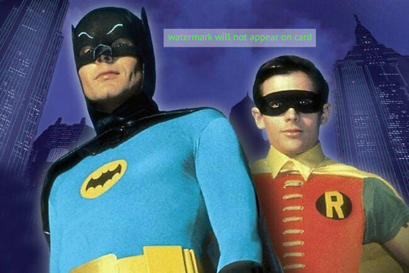 POSTCARD / BATMAN / Adam West + Burt Ward / Batman and Robin on purple skyline