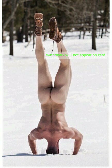 POSTCARD / Acrobatic nude man in snow