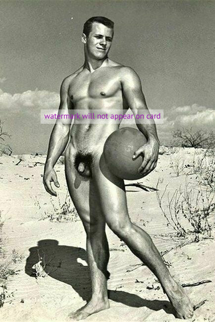 POSTCARD / Nude muscular beefcake with ball in dunes