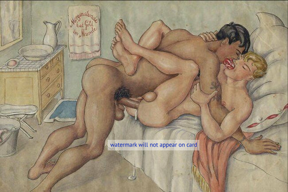 POSTCARD / German vintage illustration / Two nude men in bed