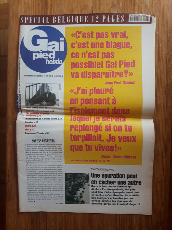 GAI PIED HEBDO FRANCE Magazine / 1992 / Septembre / No. 536 / Thierry Smits / Tom Lanoye / Belgique