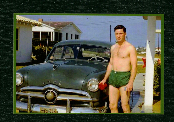 POSTCARD / Man in swimsuit + Ford automobile, 1949