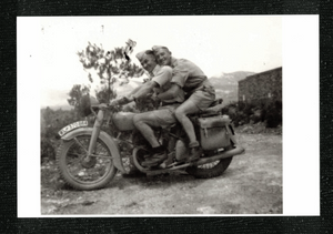 POSTCARD / Two WWII soldiers on motorcycle