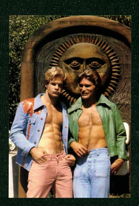 POSTCARD / Two men with mustaches + denim, 1970s