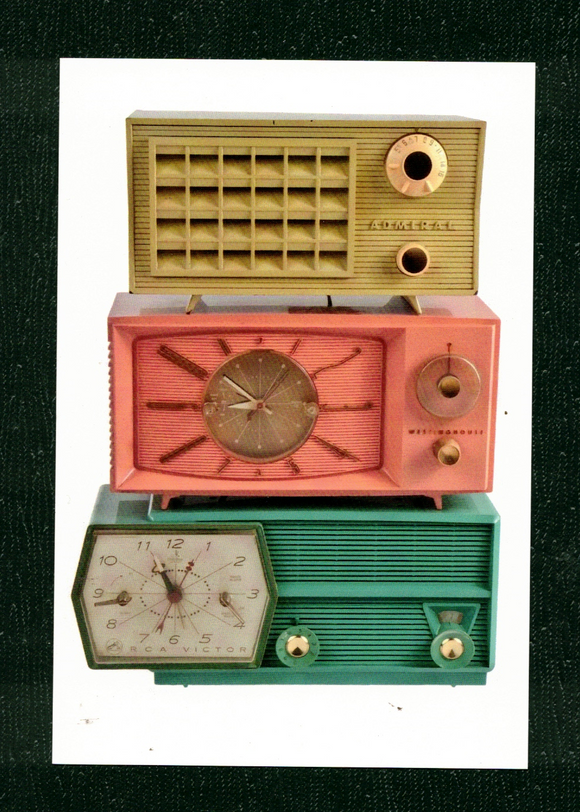 POSTCARD / Mid-century colorful clock radios