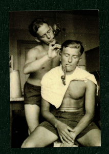 POSTCARD / Smoking soldiers haircut, 1940s