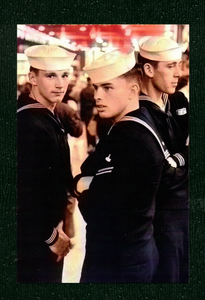 POSTCARD / Three American sailors on leave, 1958