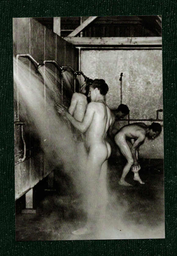 POSTCARD / Group of men nude in shower, 1940s