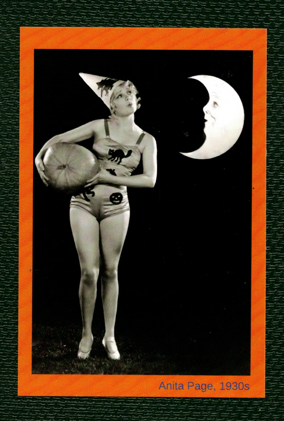 POSTCARD / Anita Page / Halloween Pumpkin + Moon, 1930s