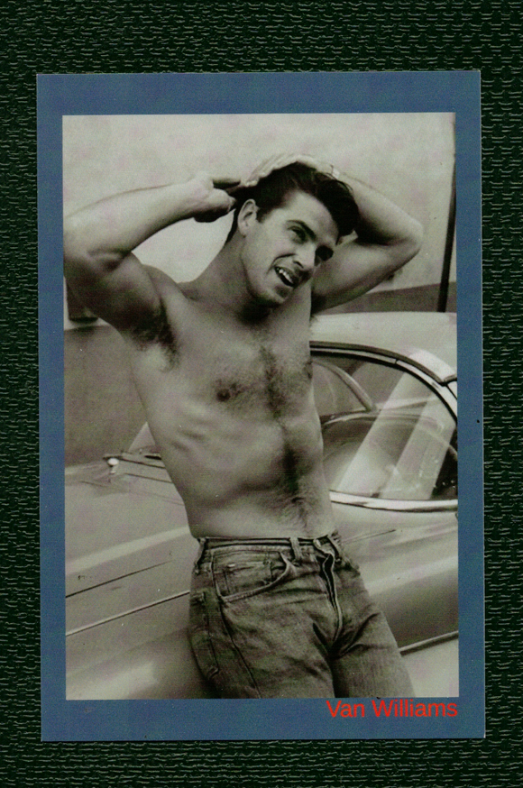 POSTCARD / Van Williams combing hair + corvette, 1960