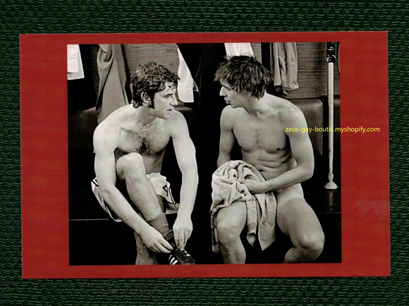 POSTCARD / Footballers Martin Buchan + Don Masson in locker room, 1977 / Bob Thomas