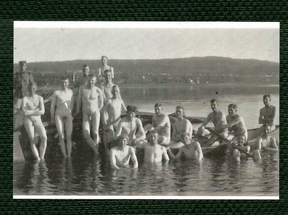 POSTCARD / Group of nude soldiers swimming, 1910s