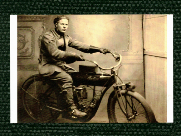 POSTCARD / Man + Indian motorcycle, 1910s