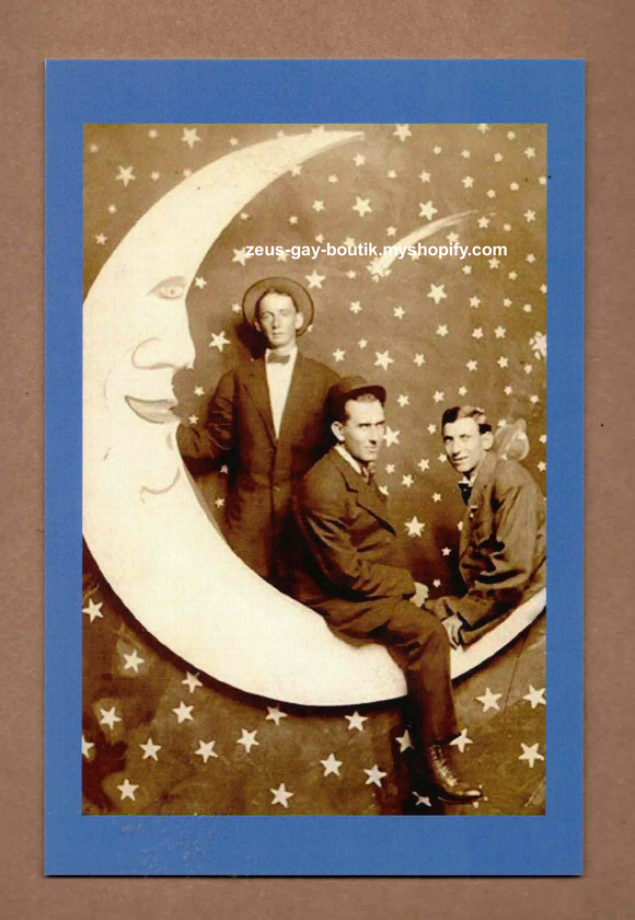 POSTCARD / Three men on paper moon 1900's