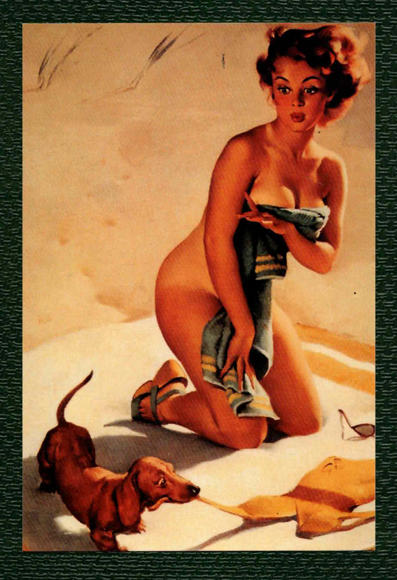 POSTCARD / Pin-up / ELVGREN, Gil / Marissa on the beach + dachsund