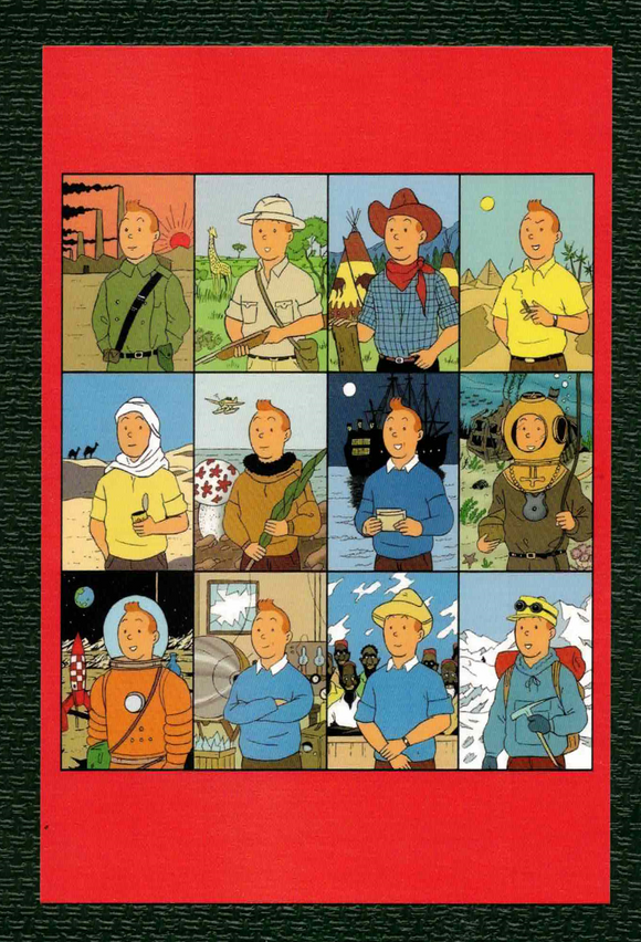 POSTCARD / Hergé / Many faces of Tintin (red border)