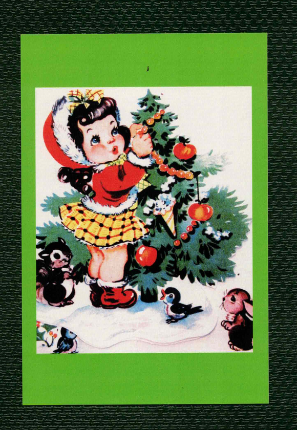 POSTCARD / Christmas / Little girl and tree, 1950s