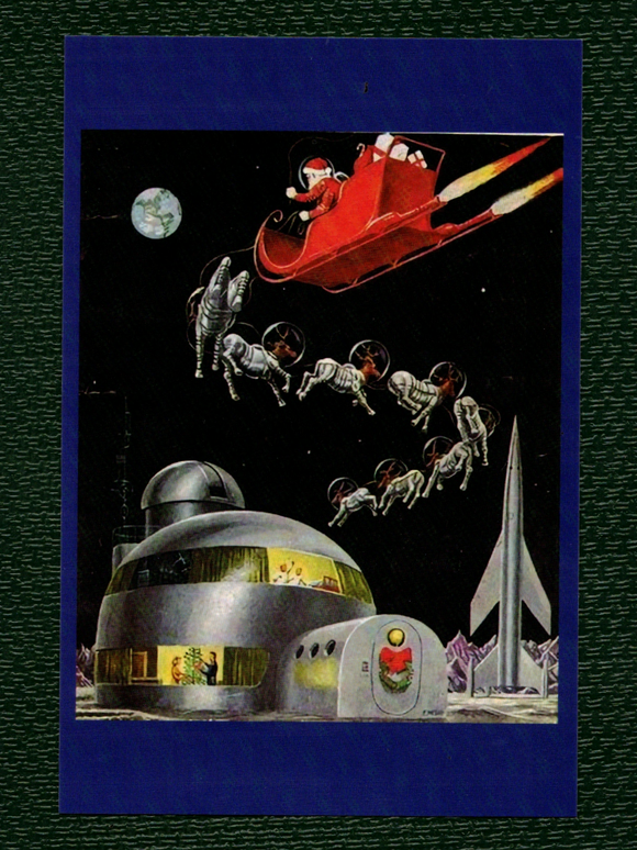 POSTCARD / Christmas / Santa + Reindeers in space