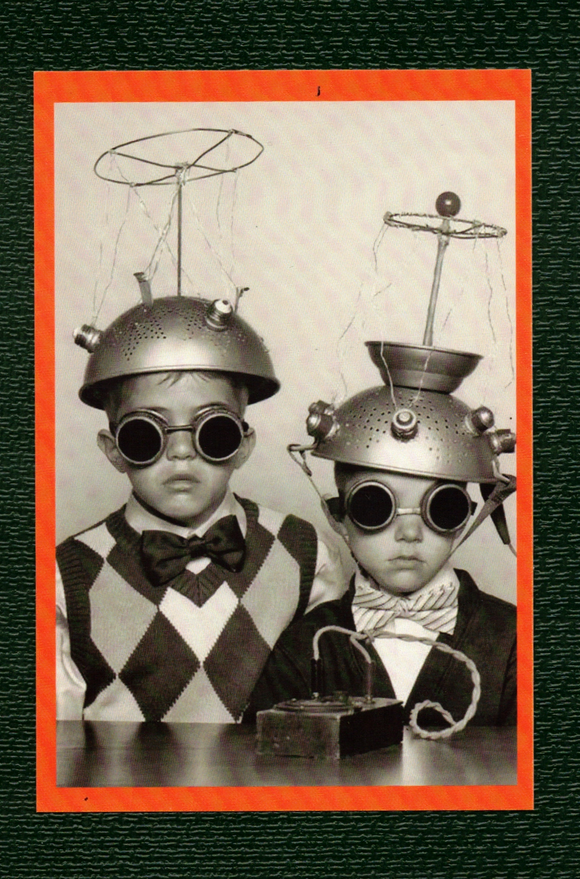 POSTCARD / Two boys with colander hats, 1960s